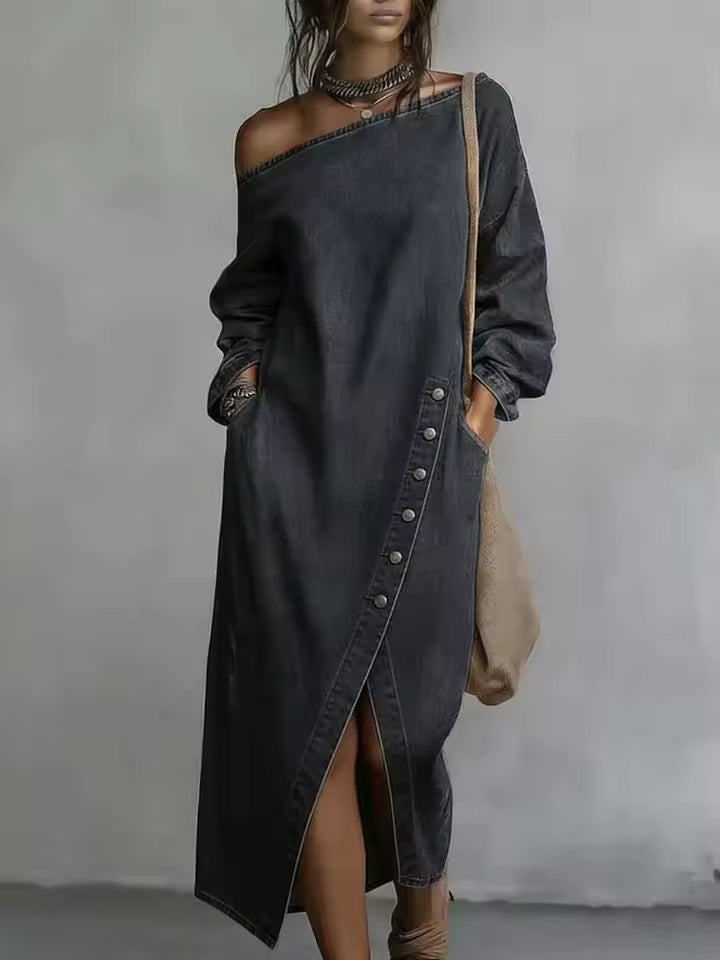 Adeline Black denim maxi dress with off-shoulder neckline, long sleeves, diagonal button detailing, and front slit