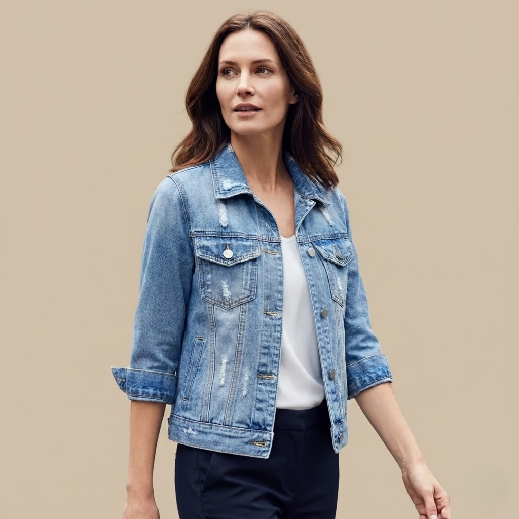 Front view of the Adeline Jacket Denim Cropped Button-Front in Blue, featuring a cropped silhouette, classic button-front closure, and long sleeves. Designed by Bella Hudson.