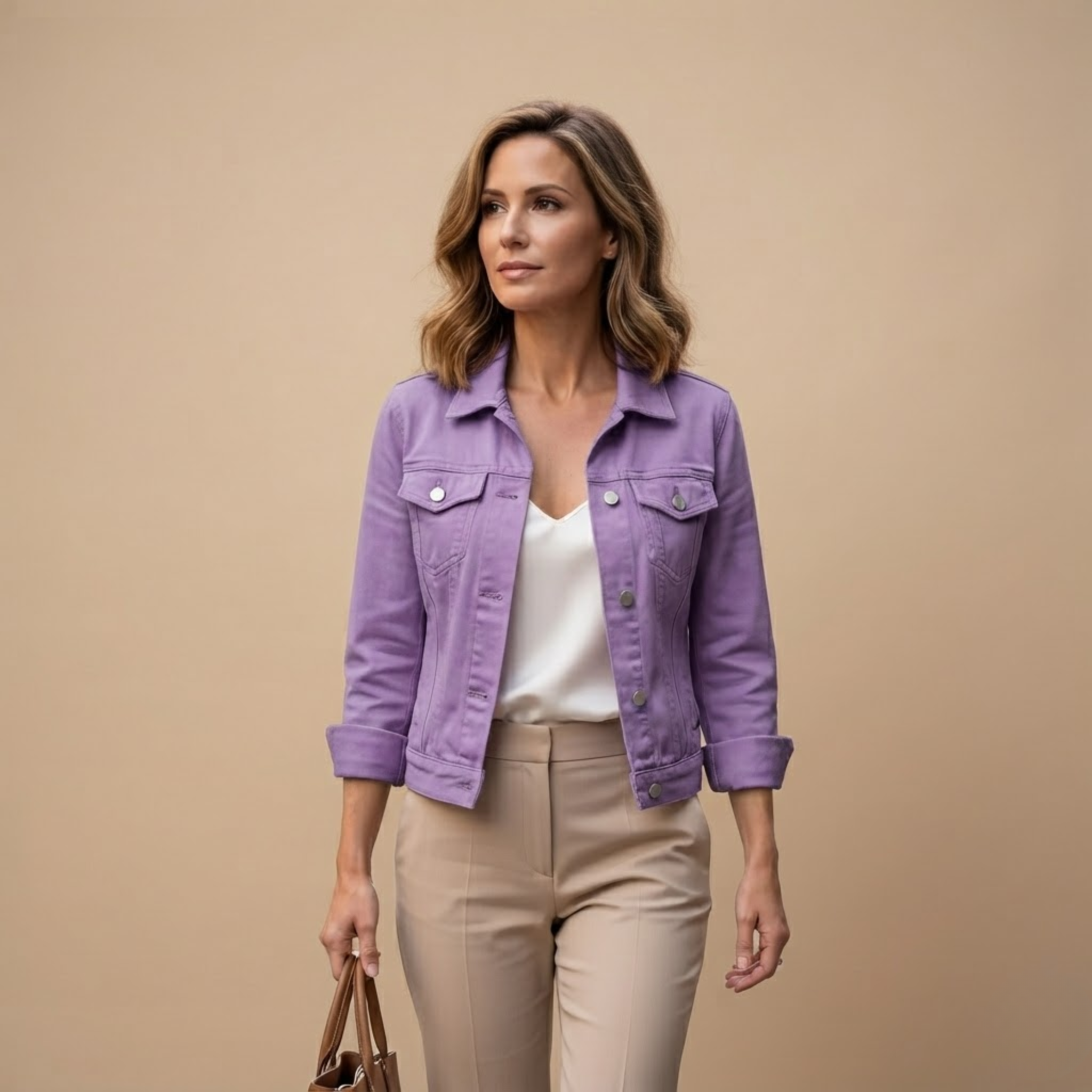 Front view of the Adeline Jacket Denim Cropped Button-Front in Lavender, featuring a cropped silhouette, classic button-front closure, and long sleeves. Designed by Bella Hudson.