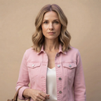 Close-up front view of the Adeline Jacket Denim Cropped Button-Front in Pink, showcasing the button-front detailing and denim texture. Designed by Bella Hudson.
