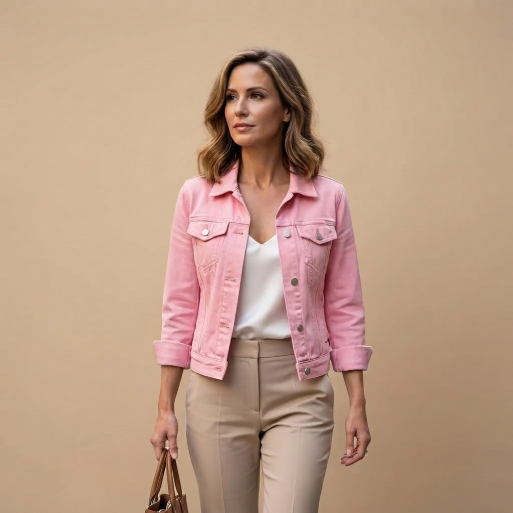 Front view of the Adeline Jacket Denim Cropped Button-Front in Pink, featuring a cropped silhouette, classic button-front closure, and long sleeves. Designed by Bella Hudson.
