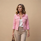 Front view of the Adeline Jacket Denim Cropped Button-Front in Pink, featuring a cropped silhouette, classic button-front closure, and long sleeves. Designed by Bella Hudson.