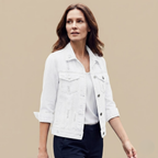Front view of the Adeline Jacket Denim Cropped Button-Front in White, featuring a cropped silhouette, classic button-front closure, and long sleeves. Designed by Bella Hudson.