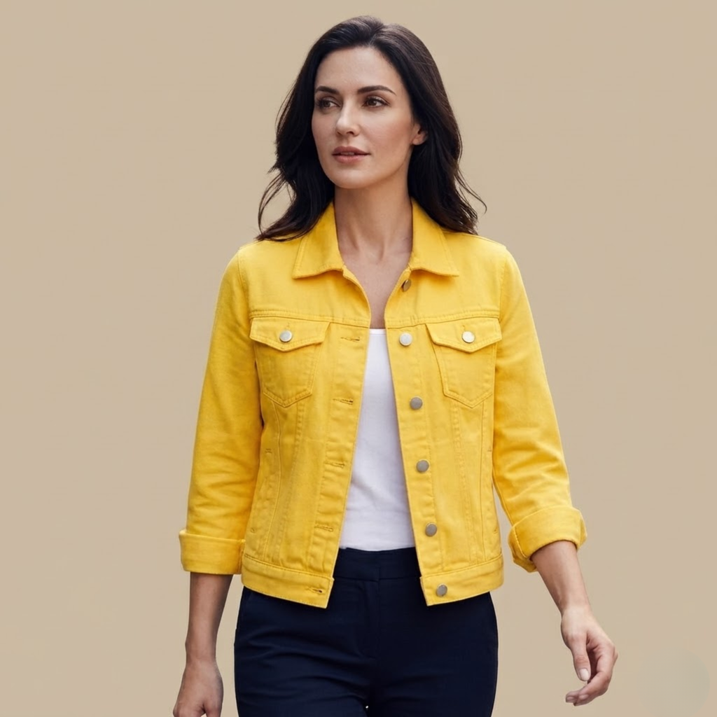 Front view of the Adeline Jacket Denim Cropped Button-Front in Yellow, featuring a cropped silhouette, classic button-front closure, and long sleeves. Designed by Bella Hudson.