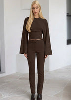 Alina Brown ruched-waist top featuring a crew neckline, fitted silhouette, long wide sleeves, and gathered waist