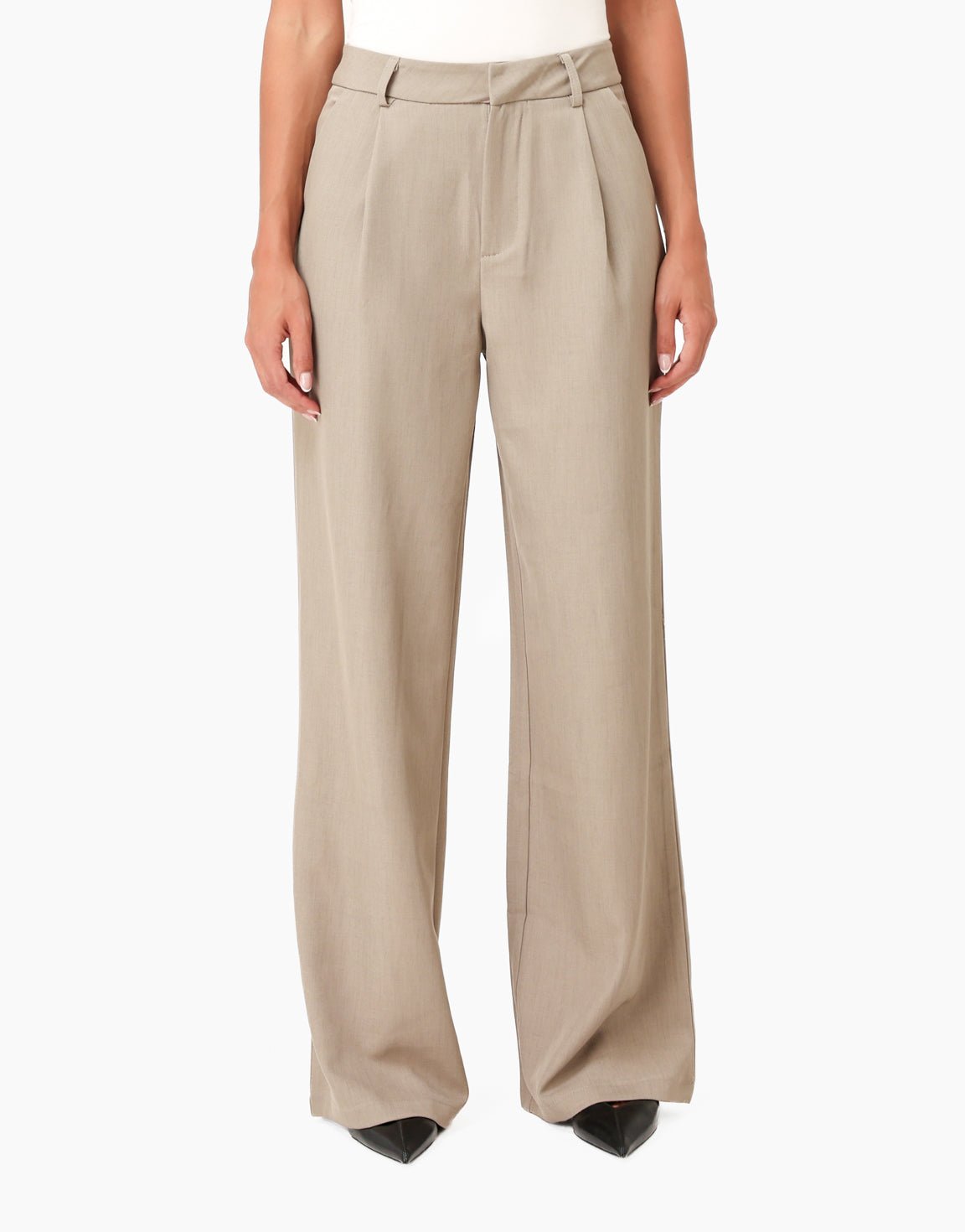 Althea Taupe wide-leg pants shown from the front with a high waist, front pleats and belt loops.