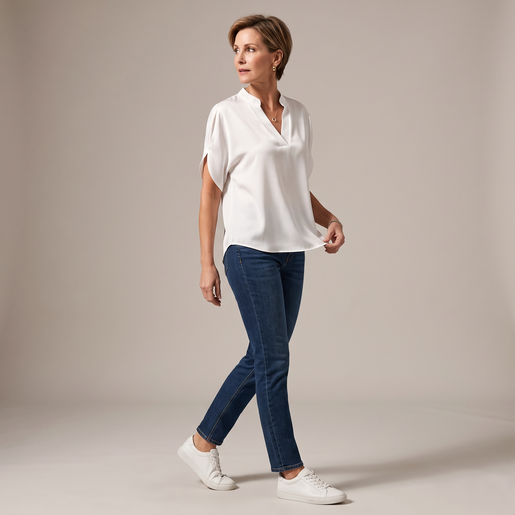 Side view of the Amandine Blouse V-Neck Flowy Short-Sleeve in white, showcasing the relaxed fit, flowy short sleeves, split V-neckline, and lightweight drape. Designed by Bella Hudson.