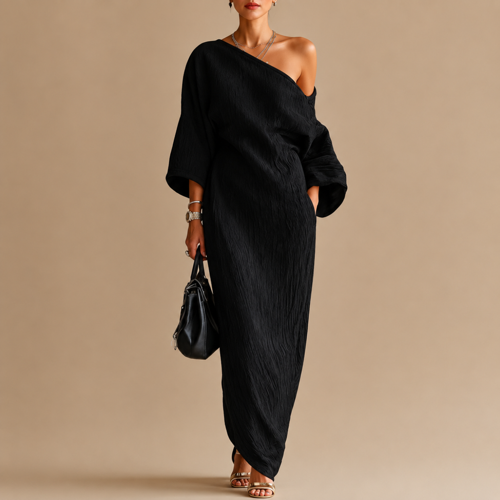Amara Maxi Dress One-Shoulder Linen in black front view featuring a sophisticated one-shoulder design and relaxed textured linen silhouette, designed by Bella Hudson.