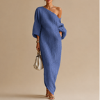 Amara Maxi Dress One-Shoulder Linen in blue front view with a flowing one-shoulder silhouette and effortless minimalist styling, designed by Bella Hudson. 