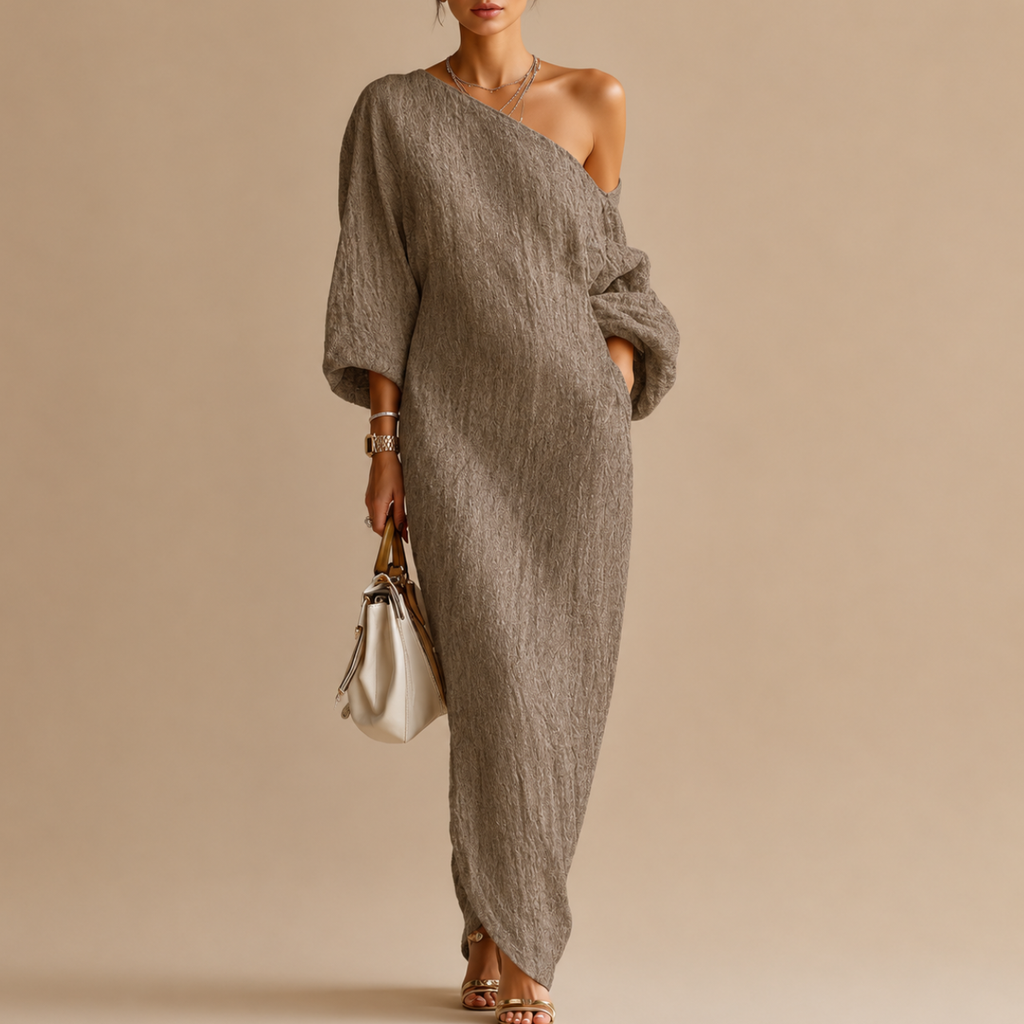 Amara Maxi Dress One-Shoulder Linen in khaki front view with an asymmetrical one-shoulder design and flowing relaxed fit, designed by Bella Hudson.