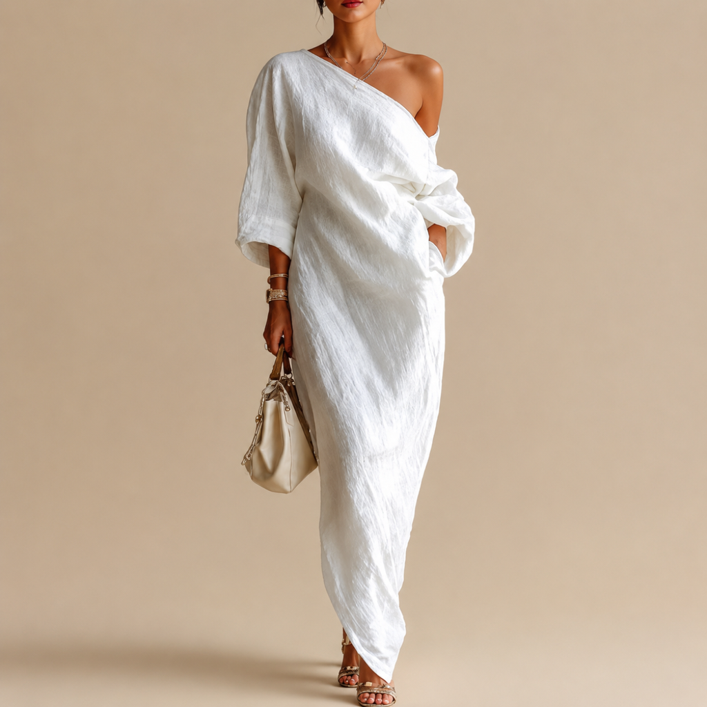 Amara Maxi Dress One-Shoulder Linen in white front view featuring a one-shoulder neckline, batwing sleeve, and textured linen fabric, designed by Bella Hudson.
