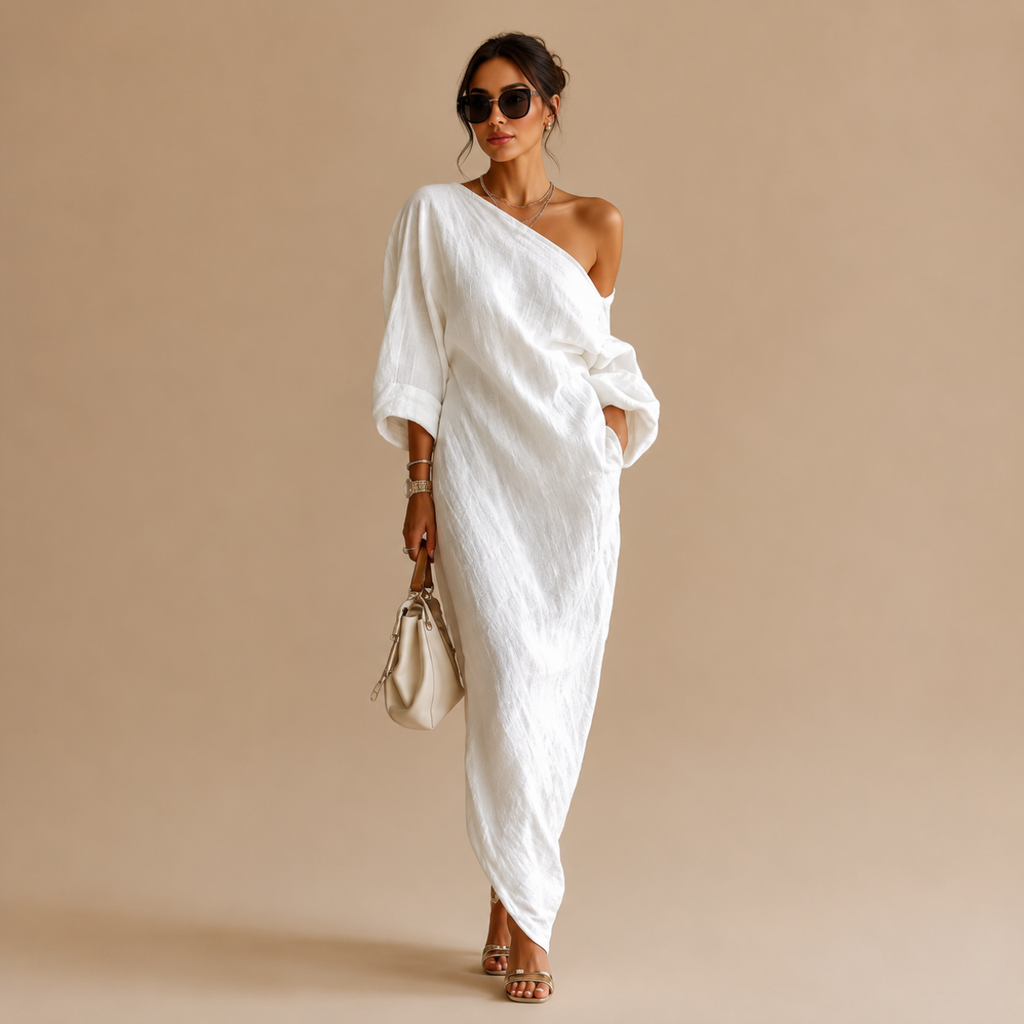 Full-length view of the Amara Maxi Dress One-Shoulder Linen in white showcasing the flowing asymmetrical silhouette and elegant drape, designed by Bella Hudson.
