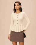 Amelia Beige peplum cardigan with gold bow-shaped buttons and flap pockets, styled with a brown gingham mini skirt.
