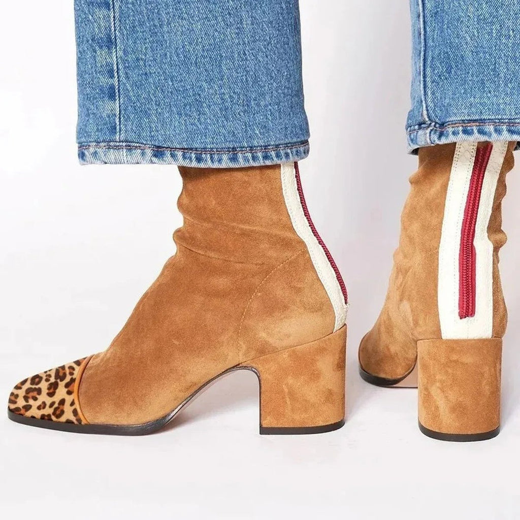 Amelia Block-Heel Suede Leopard-Toe Ankle Boots, Brown