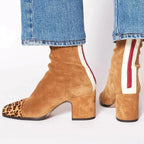 Amelia Block-Heel Suede Leopard-Toe Ankle Boots, Brown
