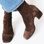 Amelia Block-Heel Suede Leopard-Toe Ankle Boots, detail view