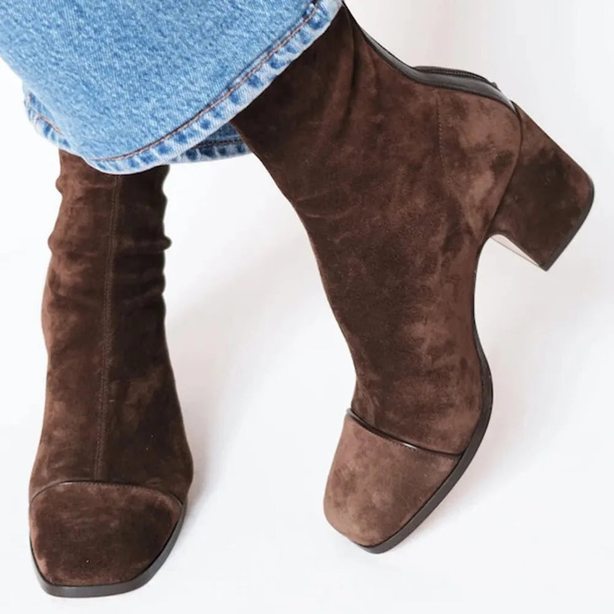 Amelia Block-Heel Suede Leopard-Toe Ankle Boots, detail view