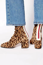 Amelia Block-Heel Suede Leopard-Toe Ankle Boots, Leopard Print