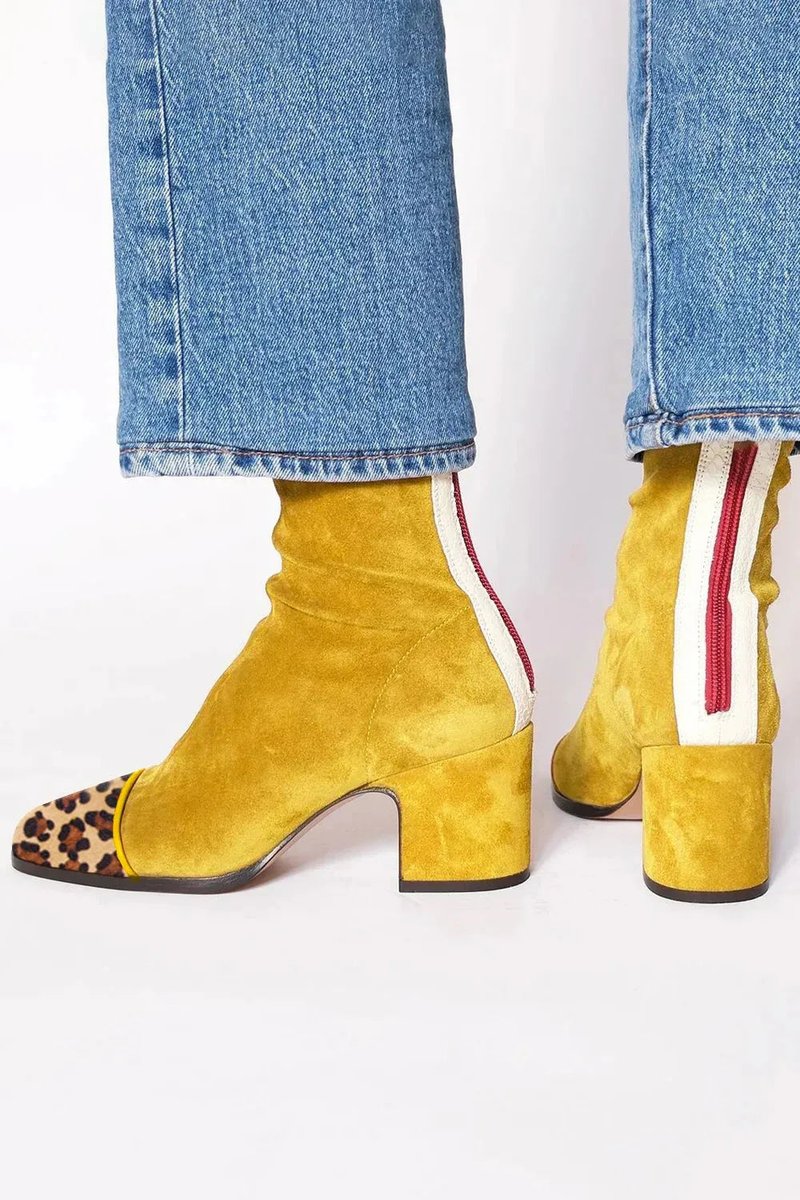Amelia Block-Heel Suede Leopard-Toe Ankle Boots, lifestyle view