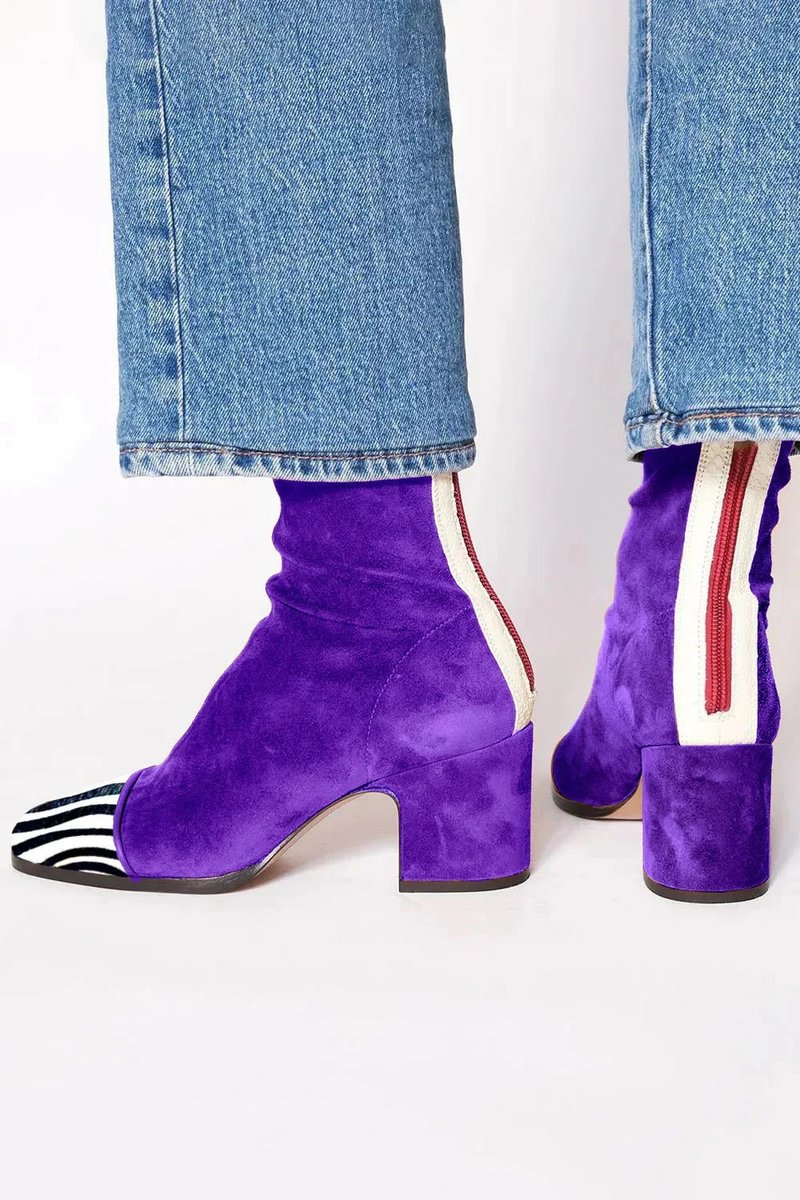 Amelia Block-Heel Suede Leopard-Toe Ankle Boots, Purple