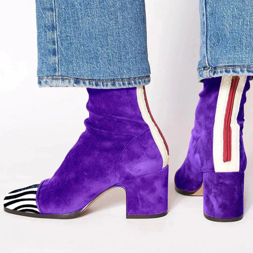 Amelia Block-Heel Suede Leopard-Toe Ankle Boots, Purple