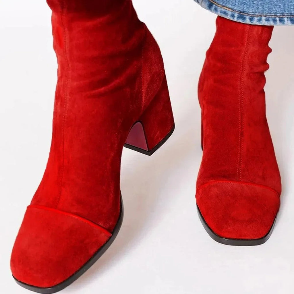 Amelia Block-Heel Suede Leopard-Toe Ankle Boots, Red