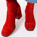 Amelia Block-Heel Suede Leopard-Toe Ankle Boots, Red
