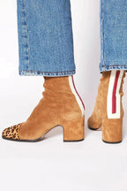 Amelia Block-Heel Suede Leopard-Toe Ankle Boots, sole view