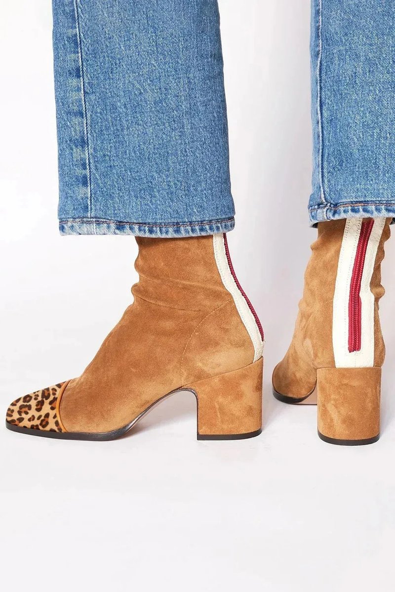Amelia Block-Heel Suede Leopard-Toe Ankle Boots, sole view