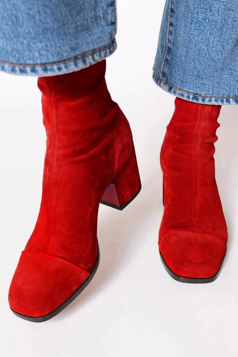 Amelia Block-Heel Suede Leopard-Toe Ankle Boots, styled view