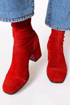 Amelia Block-Heel Suede Leopard-Toe Ankle Boots, styled view