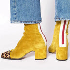 Amelia Block-Heel Suede Leopard-Toe Ankle Boots, Yellow