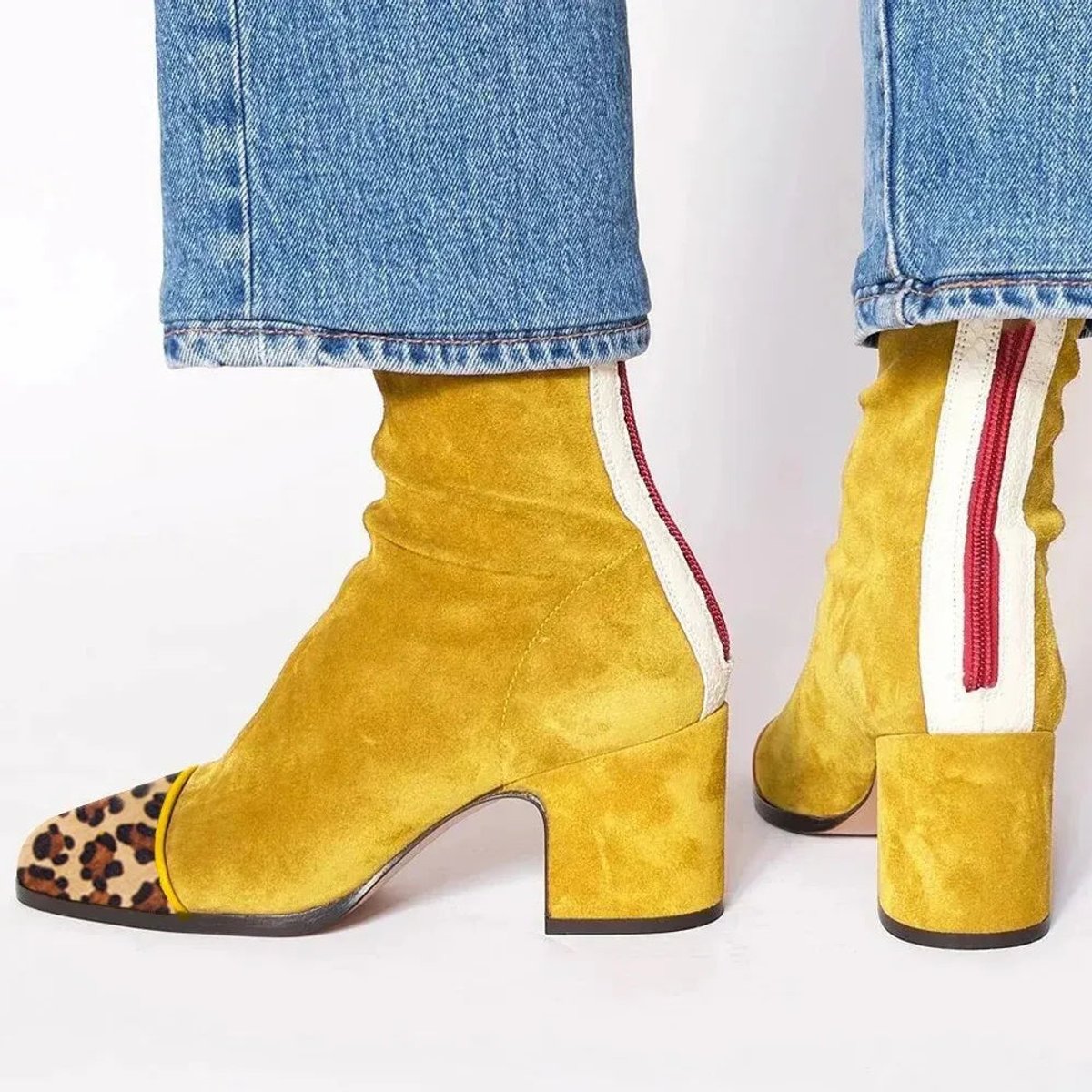 Amelia Block-Heel Suede Leopard-Toe Ankle Boots, Yellow
