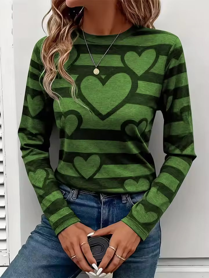 Amelia Green long-sleeve T-shirt with horizontal stripes, oversized heart graphics, and a relaxed silhouette