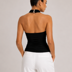 Back view of Amelia Halter Neck Open Back Tank Top in Black featuring an open back design and button neck closure, designed by BELLA HUDSON