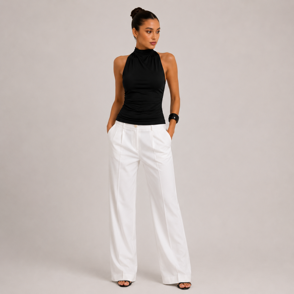 Amelia Halter Neck Open Back Tank Top in Black showcasing ruched fabric detail and premium stretch fit, designed by BELLA HUDSON