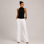 Amelia Halter Neck Open Back Tank Top in Black showcasing ruched fabric detail and premium stretch fit, designed by BELLA HUDSON