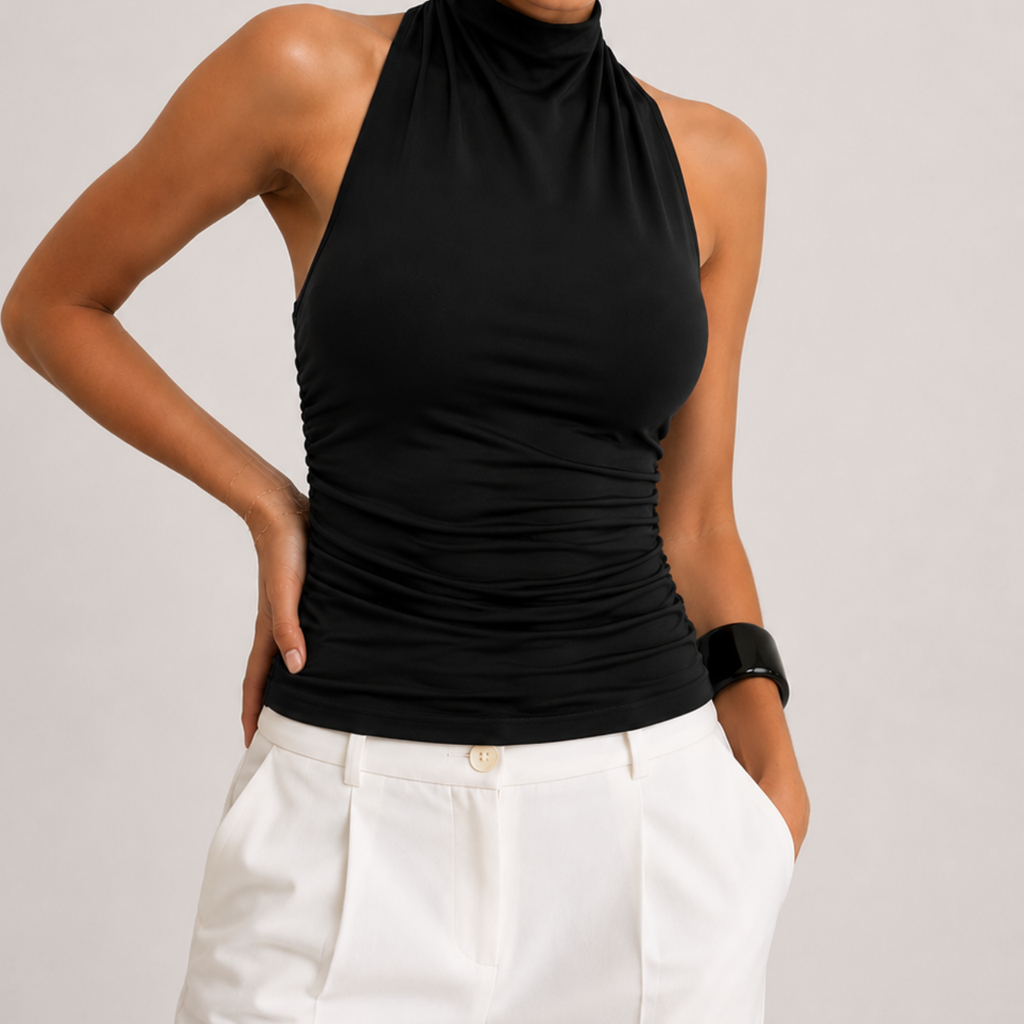 Amelia Halter Neck Open Back Tank Top in Black with halter neckline, open back design, and ruched fitted silhouette, designed by BELLA HUDSON