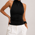 Amelia Halter Neck Open Back Tank Top in Black with halter neckline, open back design, and ruched fitted silhouette, designed by BELLA HUDSON