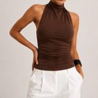 Amelia Halter Neck Open Back Tank Top in Brown with halter neckline, open back design, and ruched fitted silhouette, designed by BELLA HUDSON