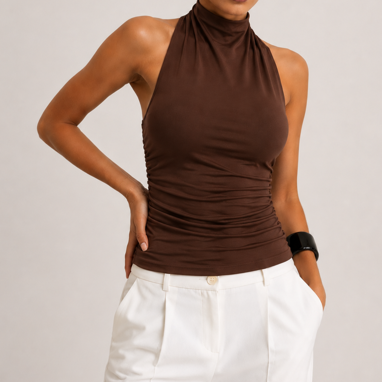 Amelia Halter Neck Open Back Tank Top in Brown with halter neckline, open back design, and ruched fitted silhouette, designed by BELLA HUDSON