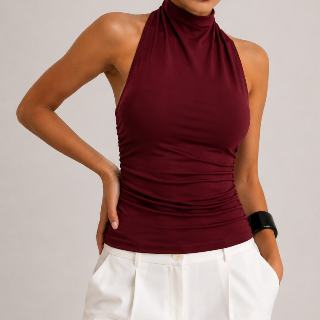 Amelia Halter Neck Open Back Tank Top in Maroon with halter neckline, open back design, and ruched fitted silhouette, designed by BELLA HUDSON