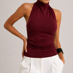 Amelia Halter Neck Open Back Tank Top in Maroon with halter neckline, open back design, and ruched fitted silhouette, designed by BELLA HUDSON