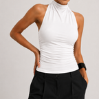Amelia Halter Neck Open Back Tank Top in White with halter neckline, open back design, and ruched fitted silhouette, designed by BELLA HUDSON