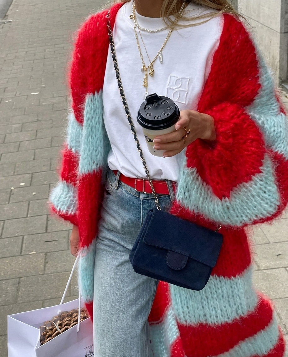 Amelia Red oversized striped cardigan featuring a fluffy knit texture, open-front design, relaxed fit, and voluminous balloon sleeves