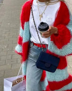 Amelia Red oversized striped cardigan featuring a fluffy knit texture, open-front design, relaxed fit, and voluminous balloon sleeves