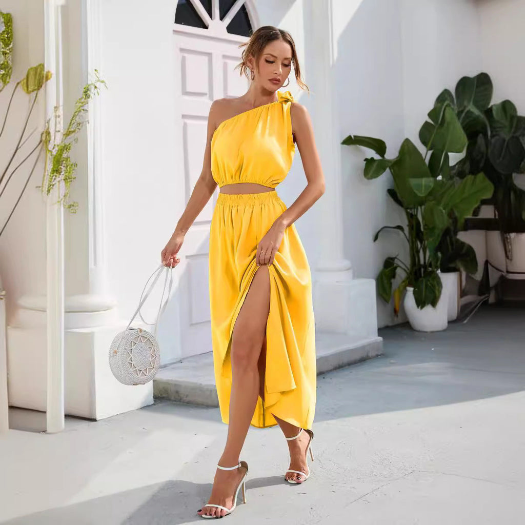 Anais evening one-shoulder side-slit two-piece set, Yellow