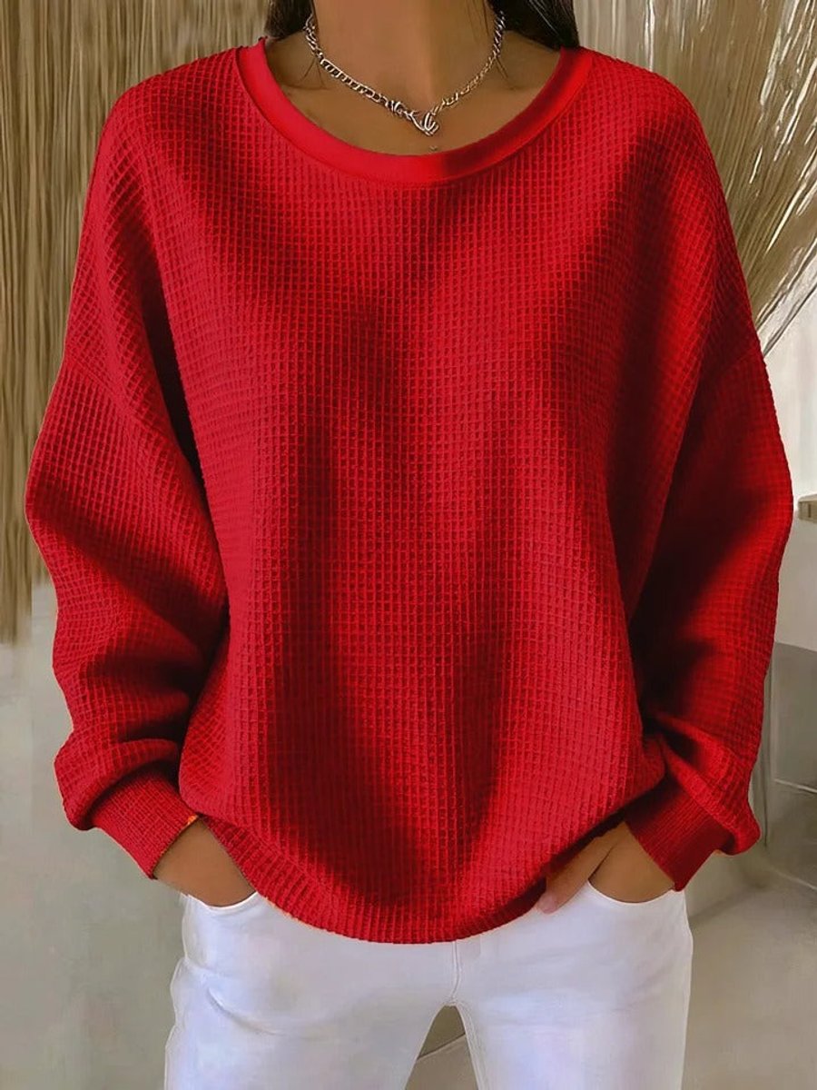 Anneliese Waffle-Knit Oversized Sweater, Red