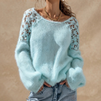 Front view of the Anouk Sweater Open-Knit Lace-Sleeve in Blue, featuring an open-knit design and delicate lace sleeves.