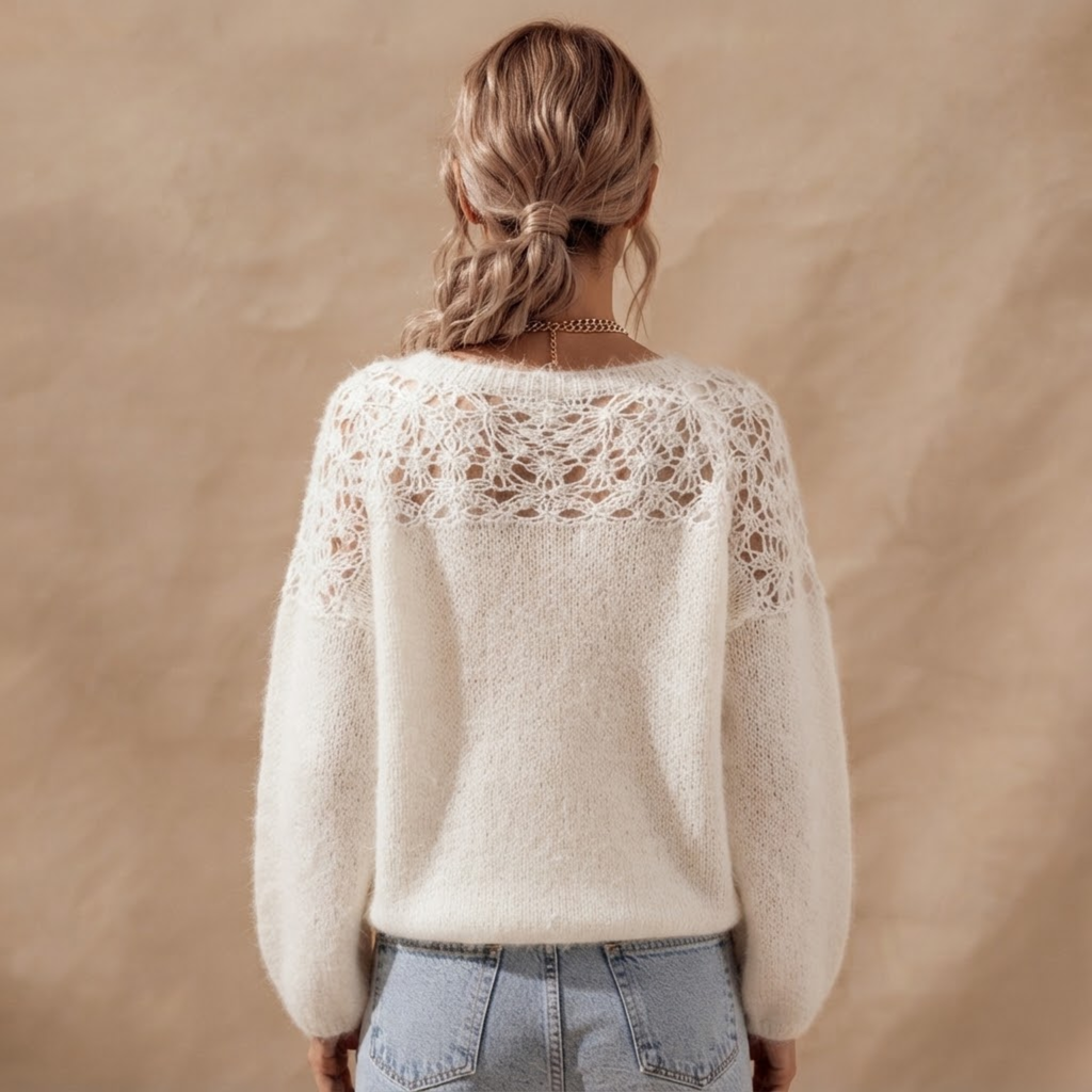 Back view of the Anouk Sweater Open-Knit Lace-Sleeve in White, highlighting the open-knit texture and relaxed silhouette.